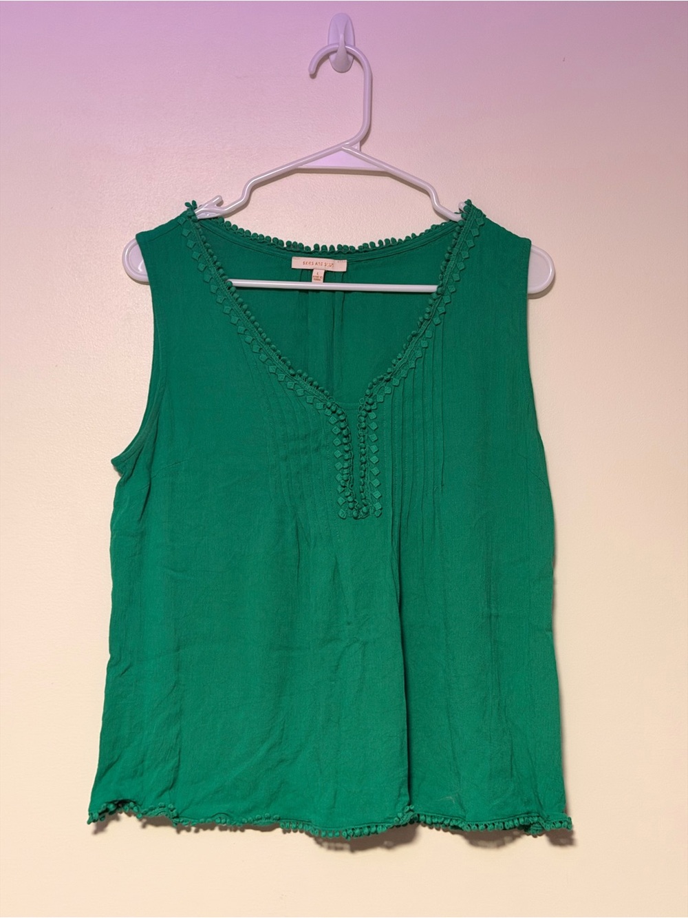 Skies Are Blue Emerald Green Crochet-Trim Sleeveless V-Neck Top